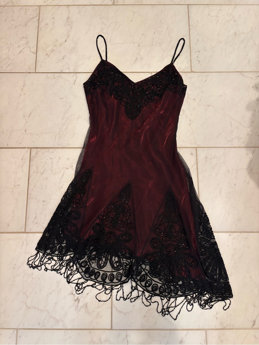 Sue Wong Burgundy Slip Dress with Black Lace Appliqué